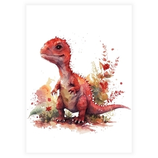 Rød dinosaur - Akvarellplakat 