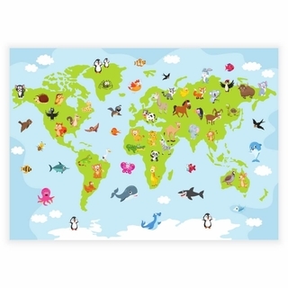 Grønt verdenskart med tegneseriedyr - Plakat