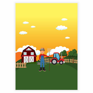 Gård, bonde og traktor - Barneplakat