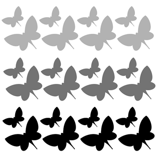 24 sommerfugler i grått, mørkegrått og svart